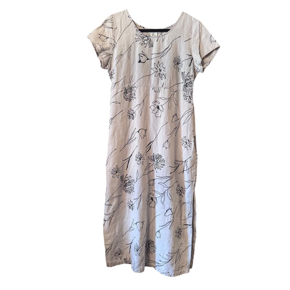 Vintage John Paul Richard L Natural Linen Floral Dress French Girl Chic
